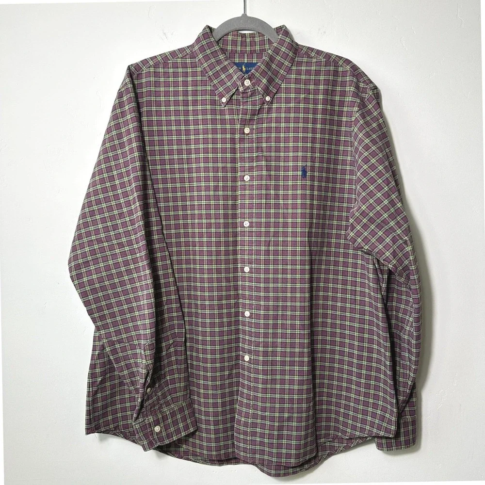 Ralph Lauren Mens Plaid Cotton Button‎ Down XL Burgundy Green Pony Preppy Ivy